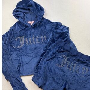 Juicy Couture Navy Velour Rhinestone Hoodie and Pants Set Y2K Coquette XL
